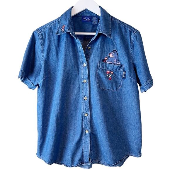 Disney Tops - Disney Pooh Womens Size Large Eeyore Denim Button Up Shirt Cotton